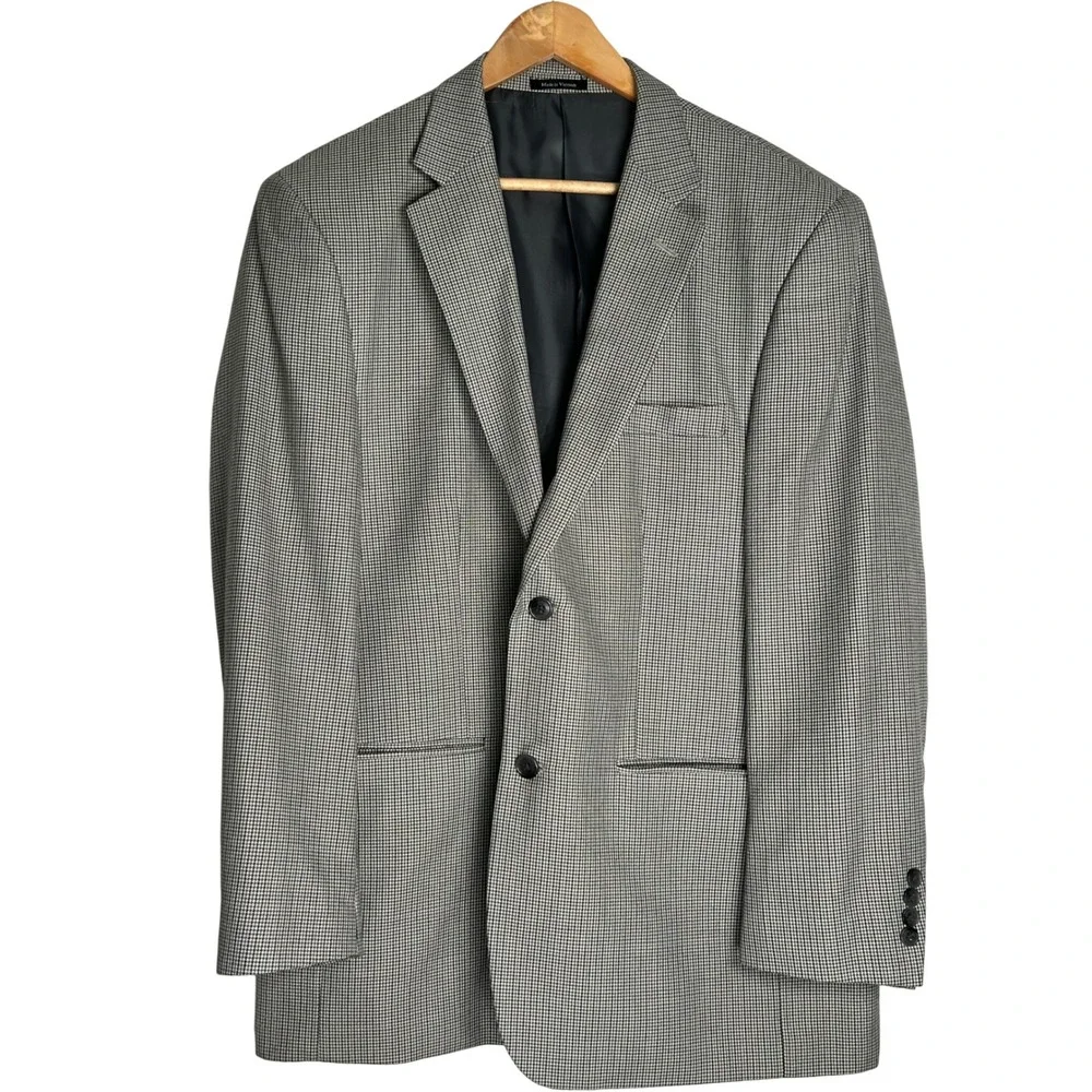 Joseph & Feiss Mens 44R Houndstooth Blazer Sport Coat Black Tan 2-Button 44 Reg